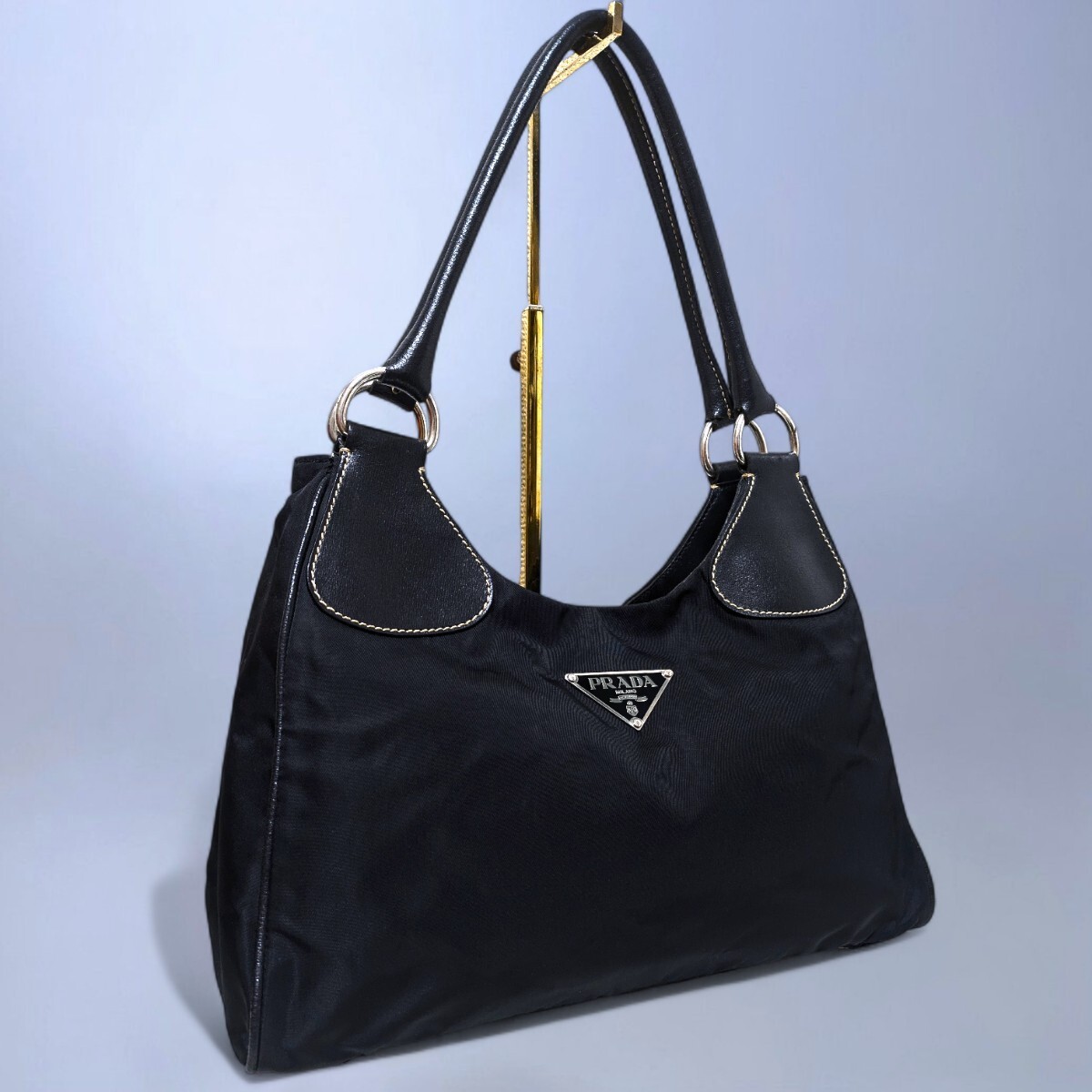 Prada Large Logo Nylon Leather Tote Shoulder Bag Vintage Authentic thumbnail 3