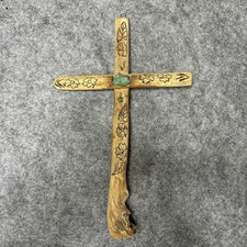 Vintage Hand Carved Manzanita Wood Crucifix Cross With Turquoise Stone Folk Art