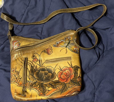 Hand Painted Biacci Leather Brown Floral Butterfly Crossbody Women's Purse Bag