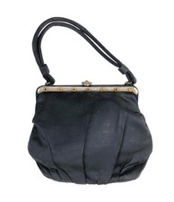 Vtg 1950s Twifaille Rosenfeld ? Black Satin Evening Handbag Purse Floral Detail