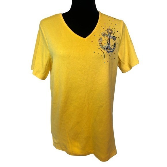 NWT Quacker Factory Yellow V-Neck Tee with Rhinestone Anchor Detail Size Small