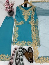 Indian Style Natural Silk Sky Blue Top And Palazzo With Dupatta For Functional