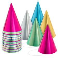 50 Pack Birthday Party Cone Hats for Kids and Adults, Bulk, 5 Metallic Colors