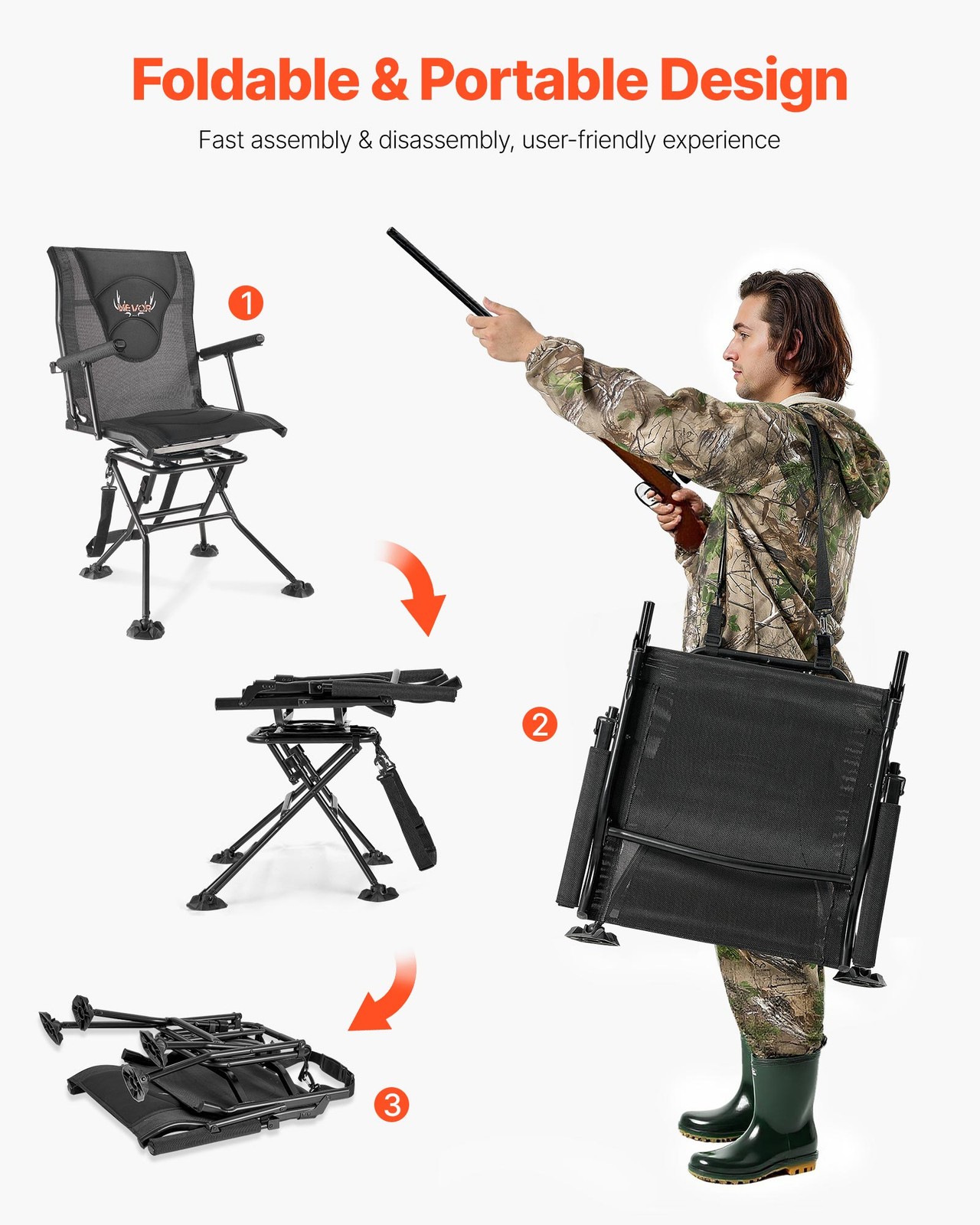 VEVOR Hunting Chair 360° Swivel Silent Foldable Chair Armrests Anti-Sink Feet