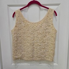 Vintage 60 s Ivory Beaded Sequin Shell Tank Fringe Tassels No size tag sm/med