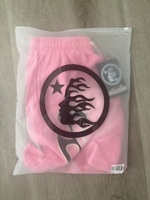 Hellstar Men's Pink Fleece Cotton Sweat Shorts Graphic Logo Pockets Drawstring