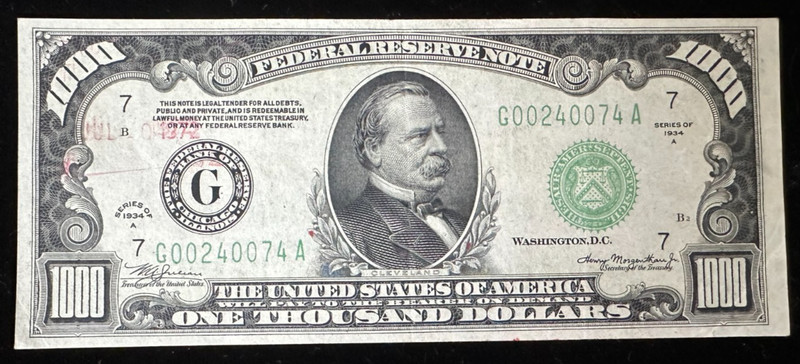 1934A $1,000 Bill Federal Reserve Note FRN Chicago #G00240074A