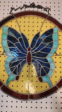 Large 20" Vintage Stained Glass Butterfly Suncatcher Round Blue Slag Hanging Art