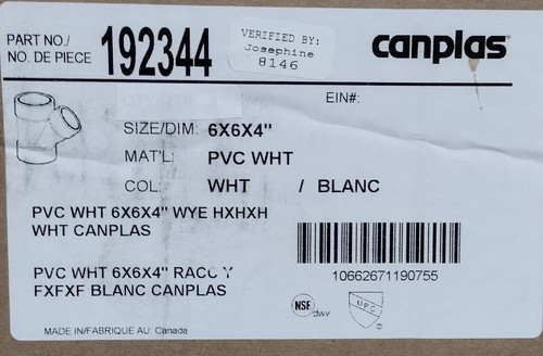 Canplas 192344 PVC DWV Wye, White, 6" X 6" X 4" - Picture 2 of 7