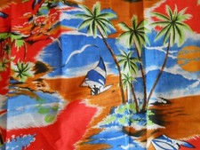 TROPICAL PRINT FABRIC 7 YARDS LONG 45" WIDE COTTON RED BACKGROUND ISLAND SCENES