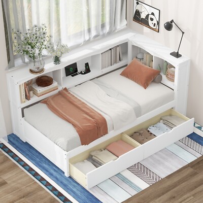 Twin Daybed Wooden Bed Frame Sofa Bed w/ 2 Drawers & Storage Cabinet & USB Port