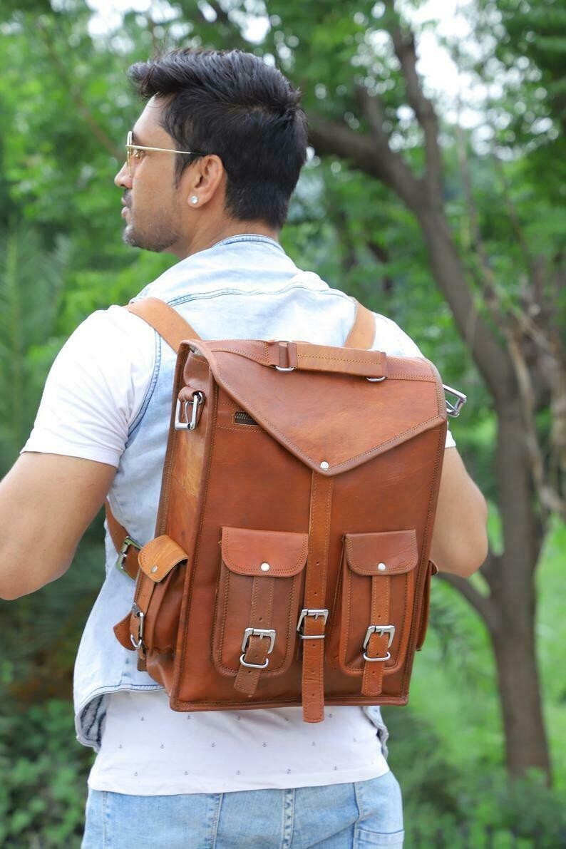 Genuine Leather Shoulder Hiking Backpack Travel Rucksack