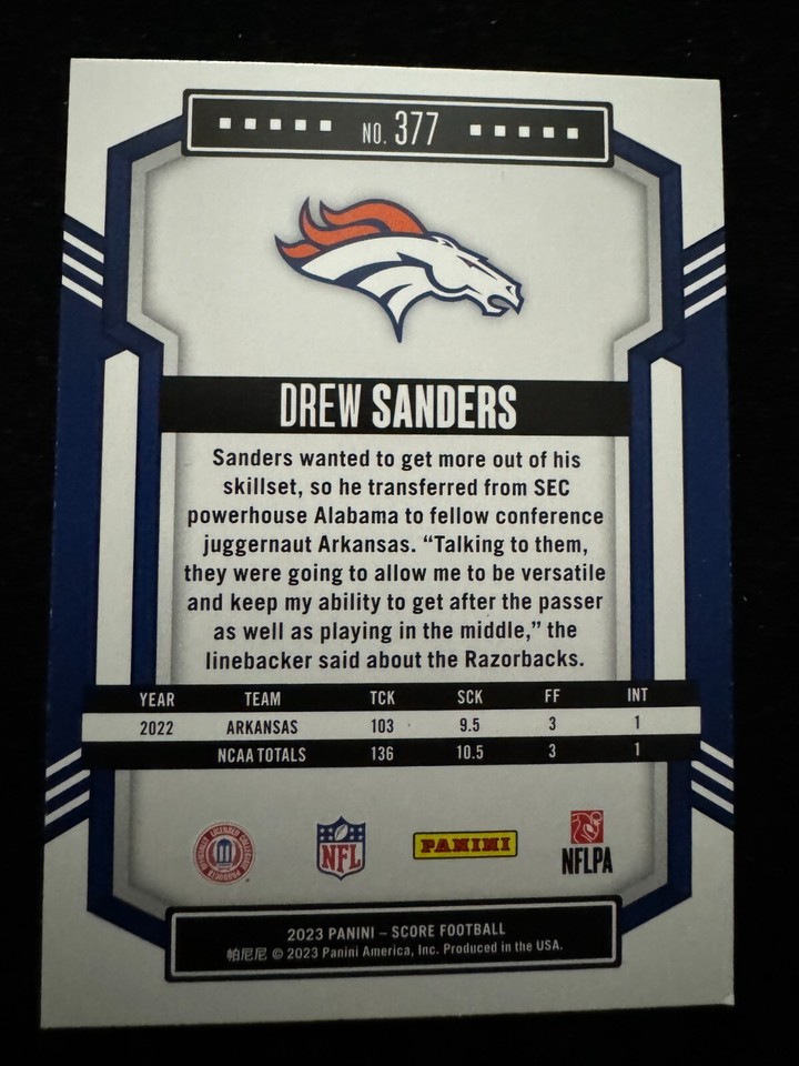 2023 Panini Score Drew Sanders #377 RC | eBay