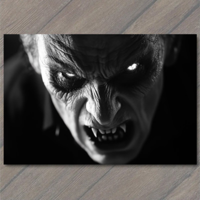 STICKER Vampire Face Close Up Black White Fangs Horror Glowing Eyes Intense