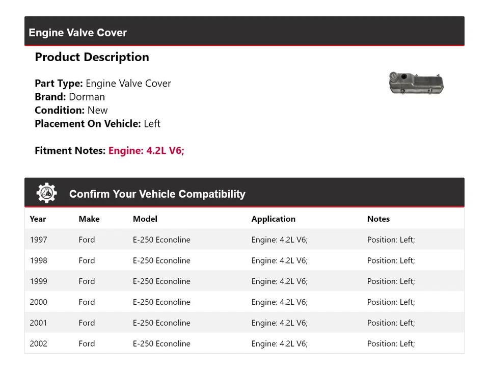 Cubierta de válvula de motor Dorman 1998 para Ford E-250 Econoline 1997-2002 4,2 L Foto 2 de 4