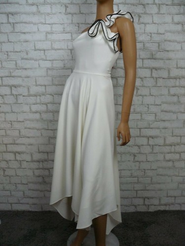 $ 495 Halston Heritage Kreide schwarz Krepp Rüsche Passform & Flare Kleid 4 neu mit Etikett H322 - Bild 4 von 8