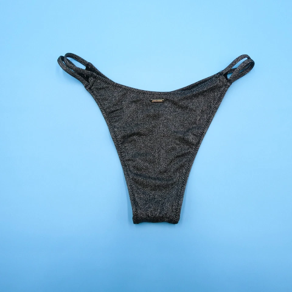 Parte inferior de bikini pequeña Victoria's Secret negra plateada brillante tanga de natación nueva Foto 4 de 4