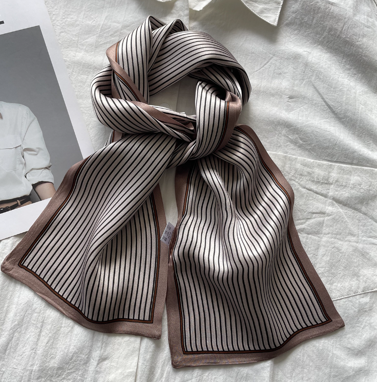 100% Silk 12 Momme Brown Line Print Scarf with Double-Layer Ribbon 145x15cm