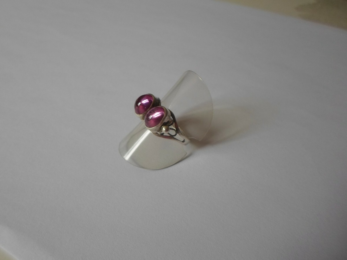 Bague En Argent Massif Avec Deux Cabochons Roses - Côtés Ajourés, Taille 56