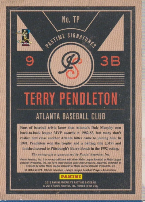 Tarjeta automática Terry Pendleton 2013 Panini America's Pasttime Signatures TP/125 Foto 2 de 2