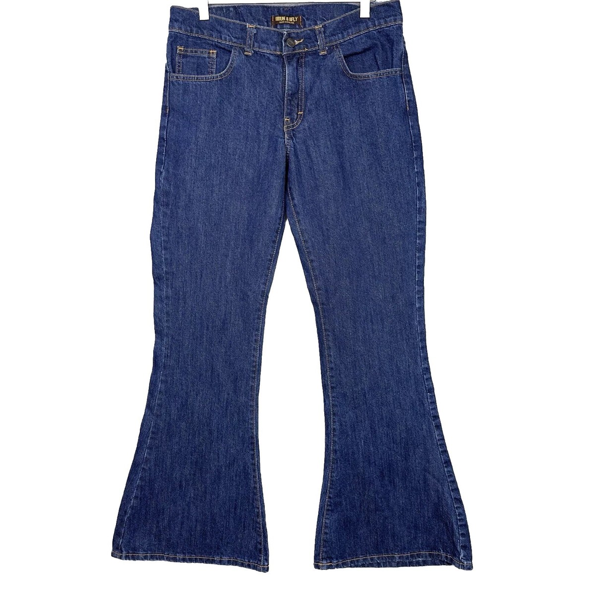 Run Fly Womens Jeans Sz 30s Blue Y2K Super Flare Bell Bottom