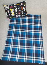 Handmade Blue Plaid Flannel Meow Cat Bed Carrier Travel Blanket  Small Pillow