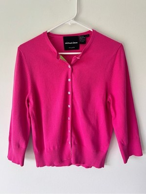 Michael Simon Hot Pink Button Front Cardigan 3/4 Sleeve Vintage Preppy Coquette