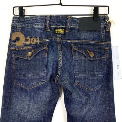 G-Star RAW 3301 Jeans Womens Sz 25 Blue Slim Luxor Back Stitch Pocket Flap 