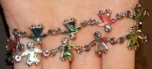 Vintage Dyed Paua Shell Children Links Silvertone Bracelet S-80 Costume Jewelry