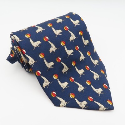 Paul Fredrick Tie Silk Blue Seal Ball Circus 3.75'' Wide 56'' Long USA