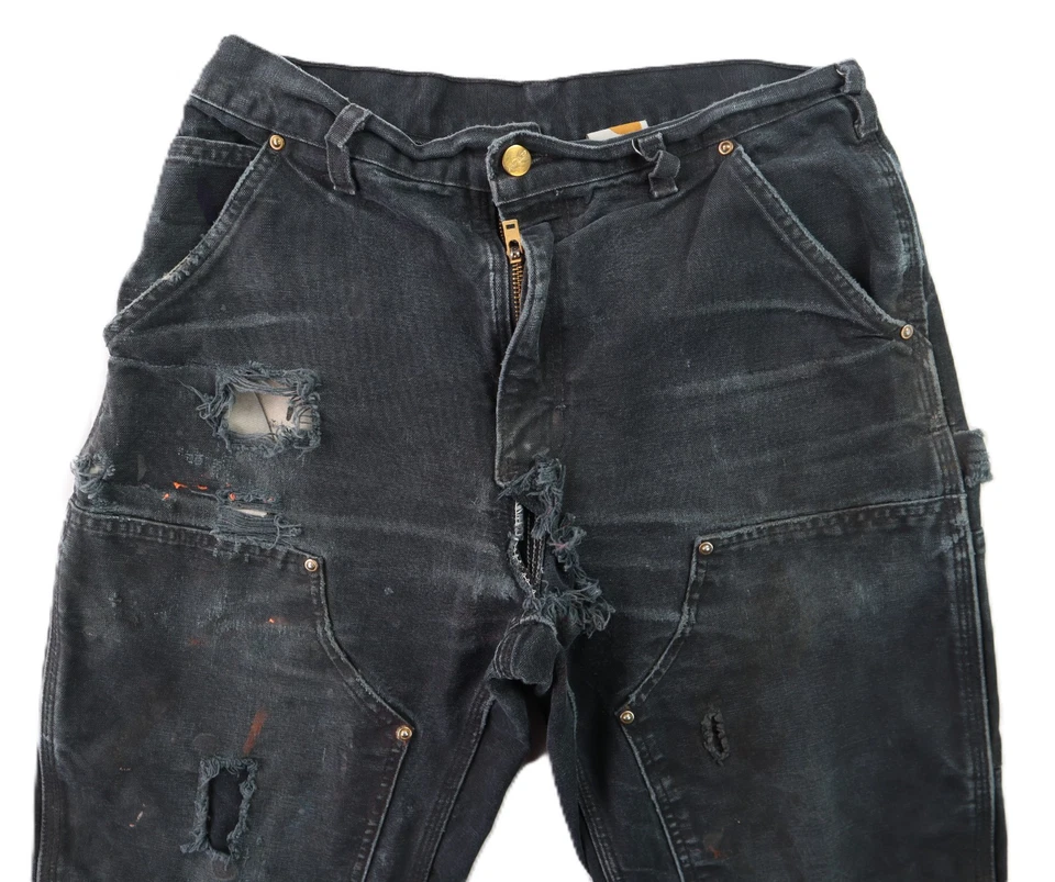 Pantalones de trabajo CARHARTT B01 EE. UU. 30 x 31 pato negro doble rodilla desgastados Foto 4 de 4