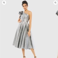 Mac Duggal Silver One Shoulder Bow Midi Dress Size 8 NWT