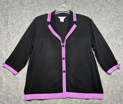 Misook Cardigan Sweater Womens XL Black Classic Knit Trim Timeless Jacket Comfy
