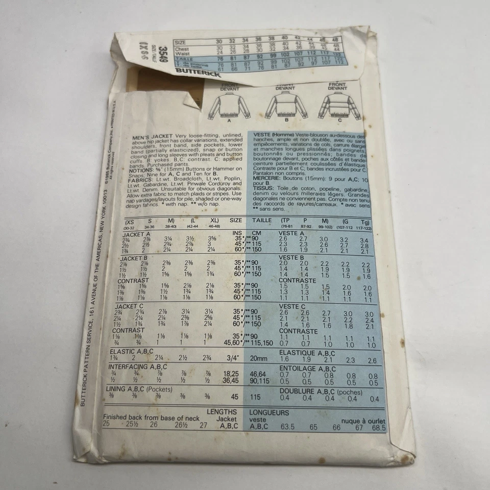 Butterick Sewing Pattern Vintage 1980’s Fashion Size XS, S, M. Men’s jackets - Image 2 of 4
