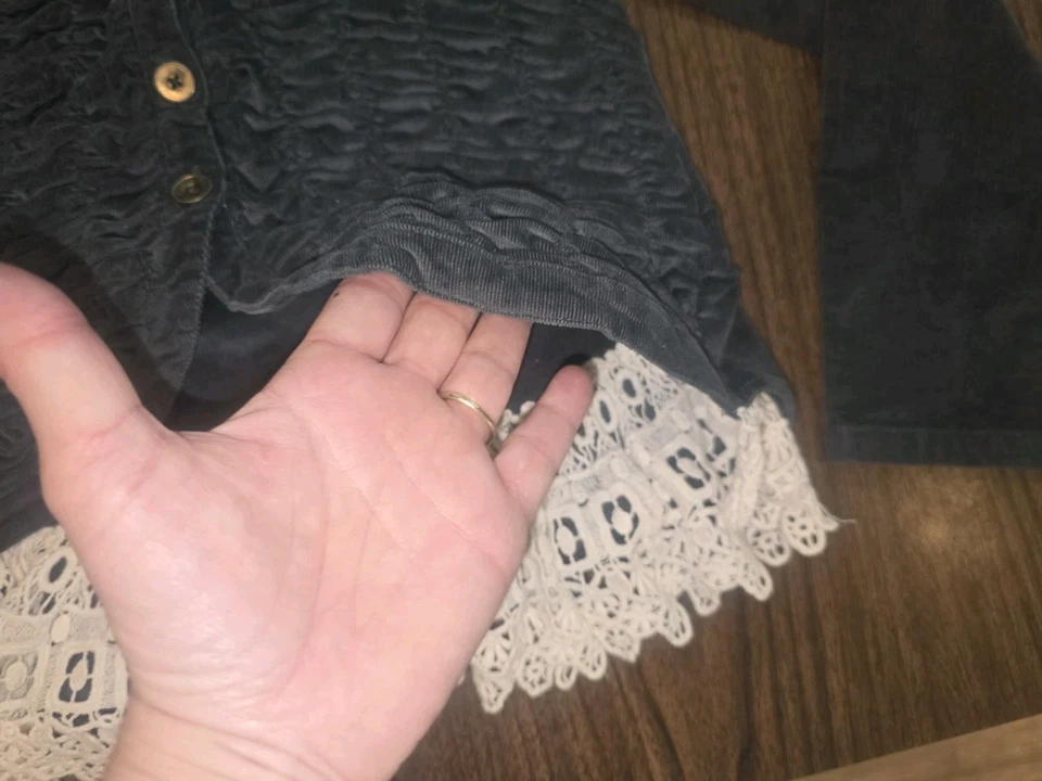 MUSTARD PIE Ruffle Jacket Crochet Lace Accent Gray Coat Girls Size 10 EUC - Image 2 of 4