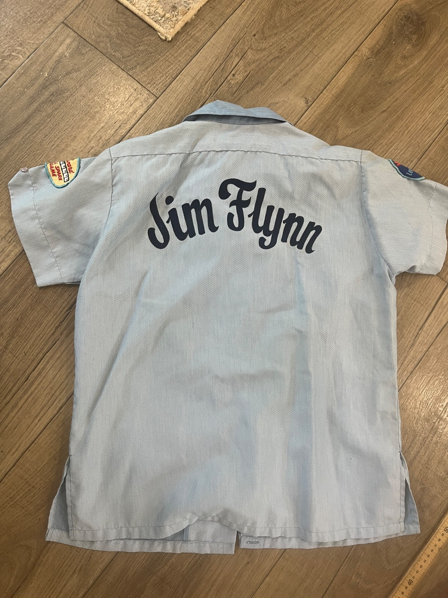VTG Hilton 60s 70s Blue Jim Flynn Bowling Shirt Size 36 Patches