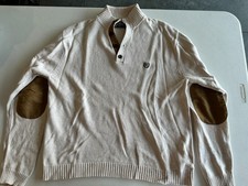Chaps Ralph Lauren Mens M Cotton Quarter half button sweater elbow patches cream
