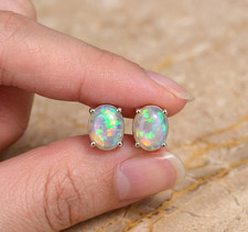 Opal Earring Stud 8x6mm Geniune Welo Fire Ethiopian Opal 925 Silver