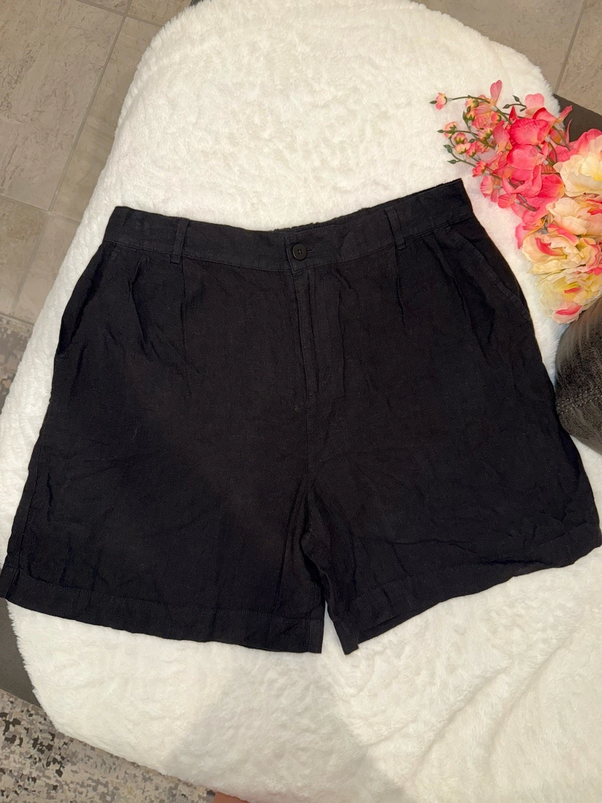 NIC+ZOE Black Tailored Linen-Blend Shorts Size 14