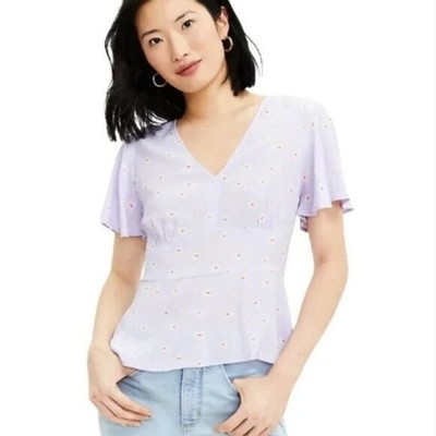 Loft Women's Size 4 Daisy Print Flutter Sleeve Blouse Light Purple V-Neck Zip