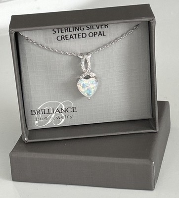 Brillanter feiner Schmuck Sterlingsilber Laborgefertigt Opal Herz Halskette 18'' NEU!