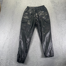 Almost Famous Pant Womens S Black Faux Leather Cargo Jogger Tapered Performance