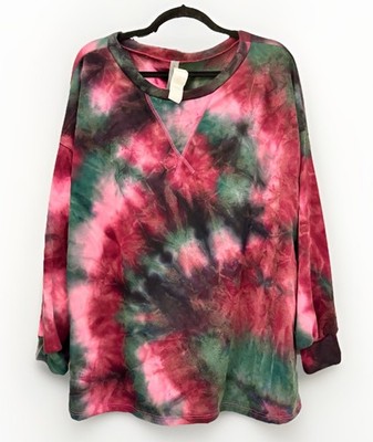 HONEYME Curvy XXL Tie-Dye Cozy Long Sleeve Top   Pink & Green Oversized Pullover