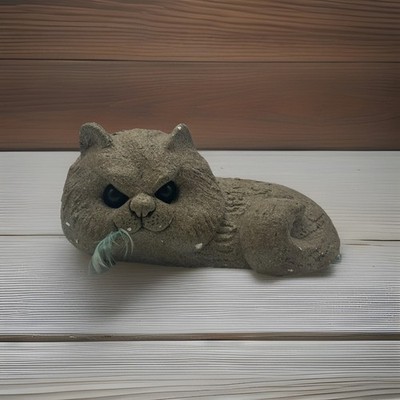 Lou Rankin Concrete Cement Cat With Feather In Mouth Sculpture 1991 Rare