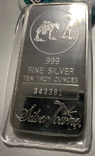 10 OZ SILVER TOWNE .PROSPECTOR 999 UNCIRCULATED BAR RARE