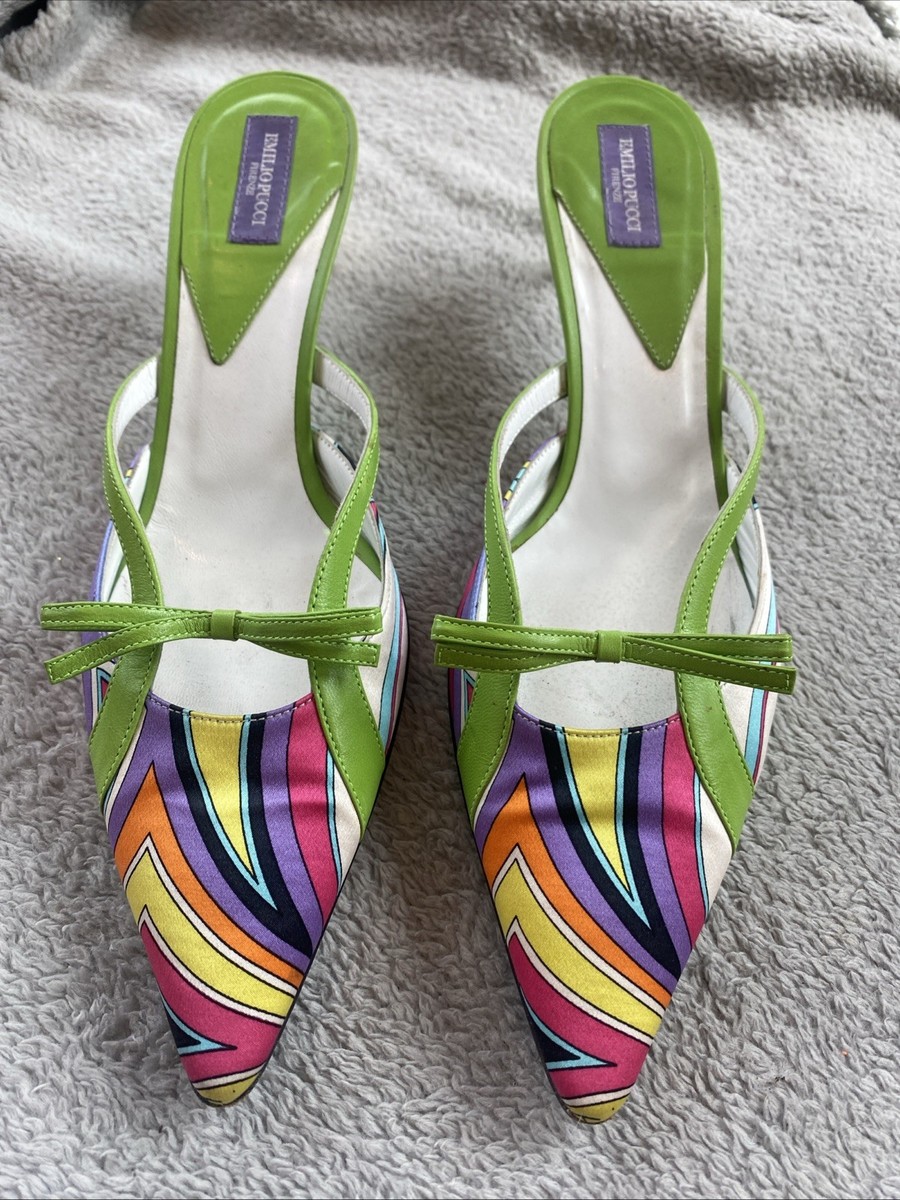 EMILIO PUCCI Satin Printed FABRIC LEATHER BOW SLIDES MULES
