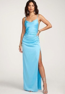 NWT Ramy Brook Marie in Sky Cowl Neck Satin High Slit Maxi Slip Dress 4 $545