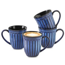 Coffee Mugs Set of 4, 16oz Navy Blue Ceramic Coffee Mug with Embossed Ribbed,...