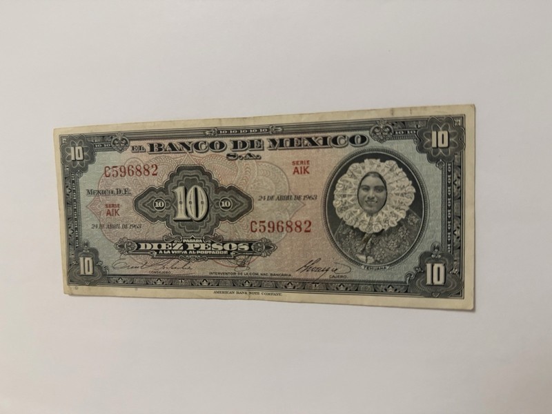 Mexican Bank Note: El Banco de Mexico S.A. 1963 10 Pesos Serie AIK No. C596882