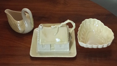 VINTAGE BELLEEK IRELAND FINE PORCELAIN 3pc LOT-BUTTER DISH CREAMER SERVING DISH